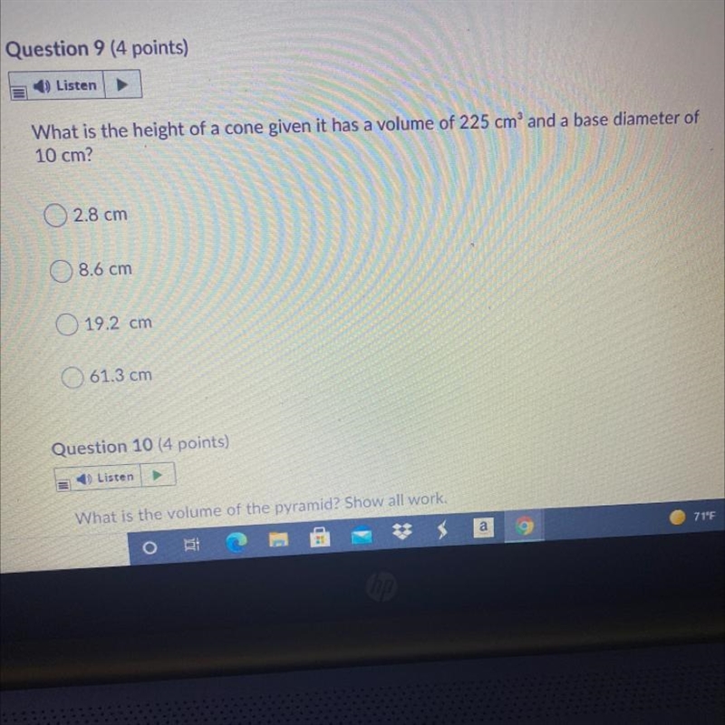 What is the height of a cone given it has a volume of 225 cm and a base diameter of-example-1