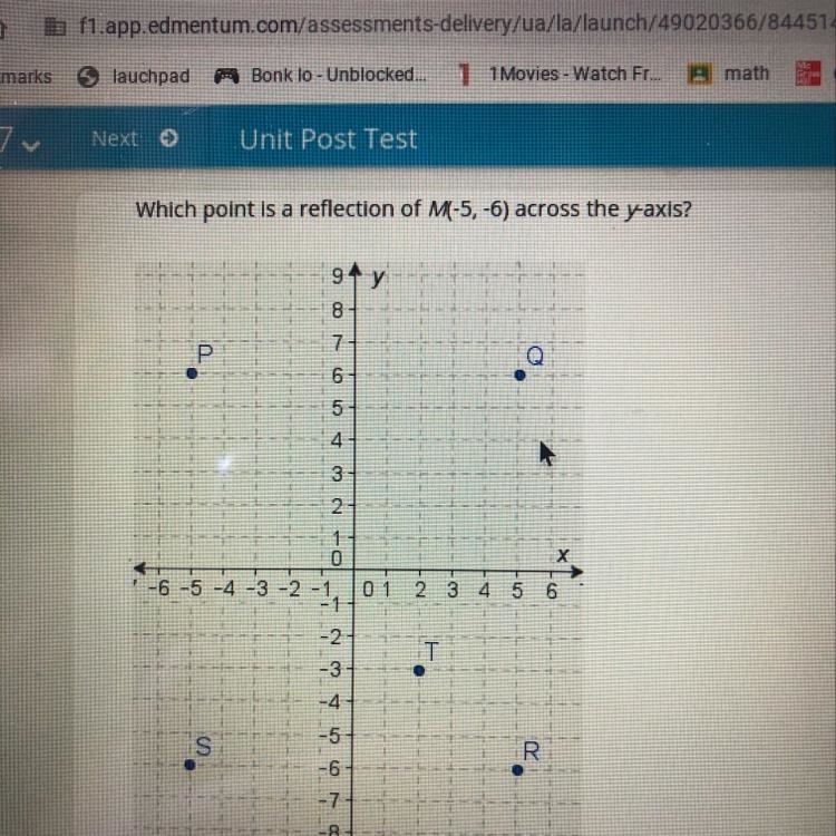 Which point is a reflection of M-5, -6) across the y-axis? 94 y 8 7 Р Q 6 5 4 3 2 X-example-1