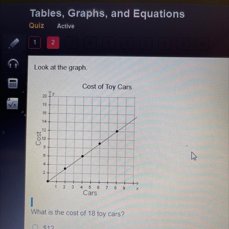 What is the cost of 18 toy cars? O $12 O $20 O $22. O $27-example-1