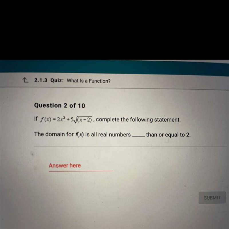 The domain for f(x) is all real numbers ___ than or equal to 2-example-1