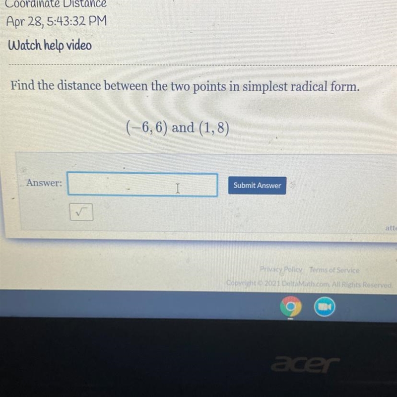 Find the distance between the two points in simplest radical form . (- 6, 6) and (1, 8)-example-1