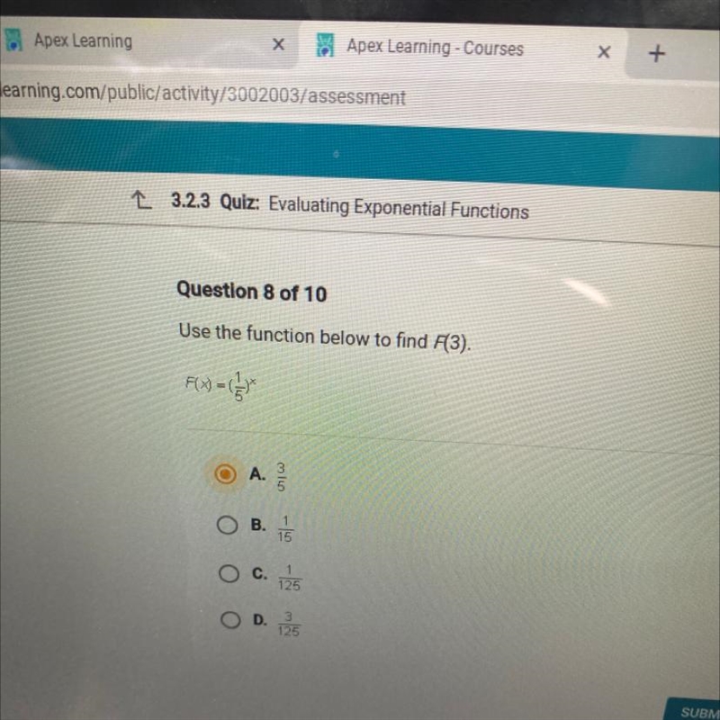 Use the function below to find F(3). F(x) = (1/5)^x-example-1