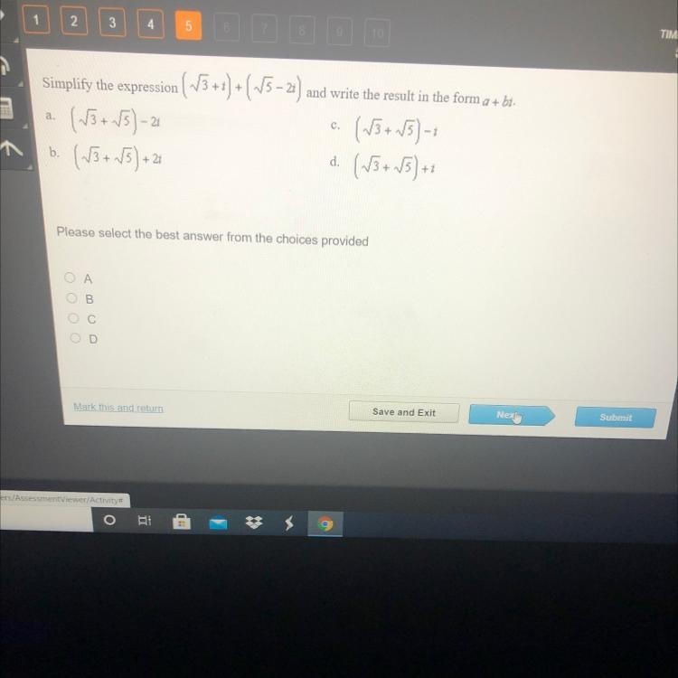 Simplify the expression (square root 3 +i)+(square root 5 - 2i) and write the result-example-1