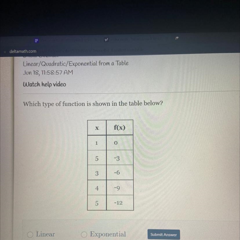 Which type of function is shown in the table below? x f(x) 1 O 5 -3 3 -6 4. -9 5 -12-example-1