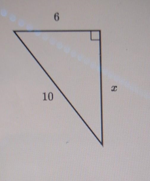 Find the missing side. 6 is A^2 10 is B^2 what is the missing side​-example-1