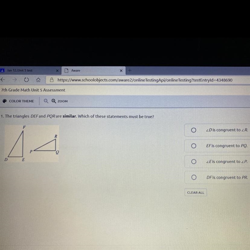 NEED NOW ASAP! The triangles DEF and PQR are similar. Which of these statements must-example-1