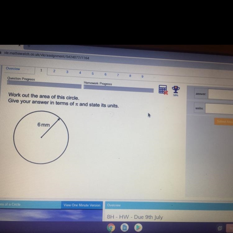 Work out the area of this circle. Give your answer in terms ofand state its units-example-1