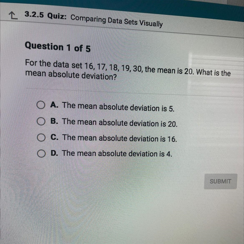 For the data set 16, 17, 18, 19, 30, the mean is 20. What is the mean absolute deviation-example-1