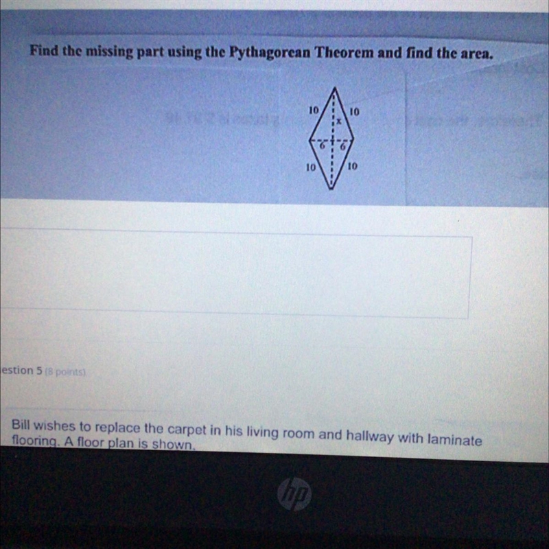 Find the missing part using the pythagorean theorem and find the area.-example-1