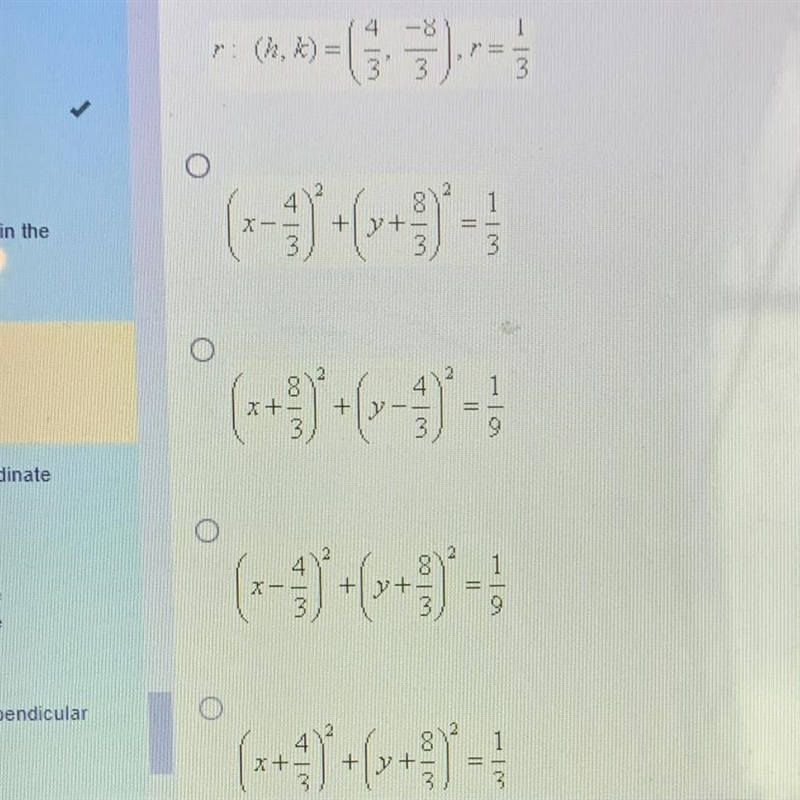 Find the equation of the circle in standard form for the given center (h, k) and radius-example-1