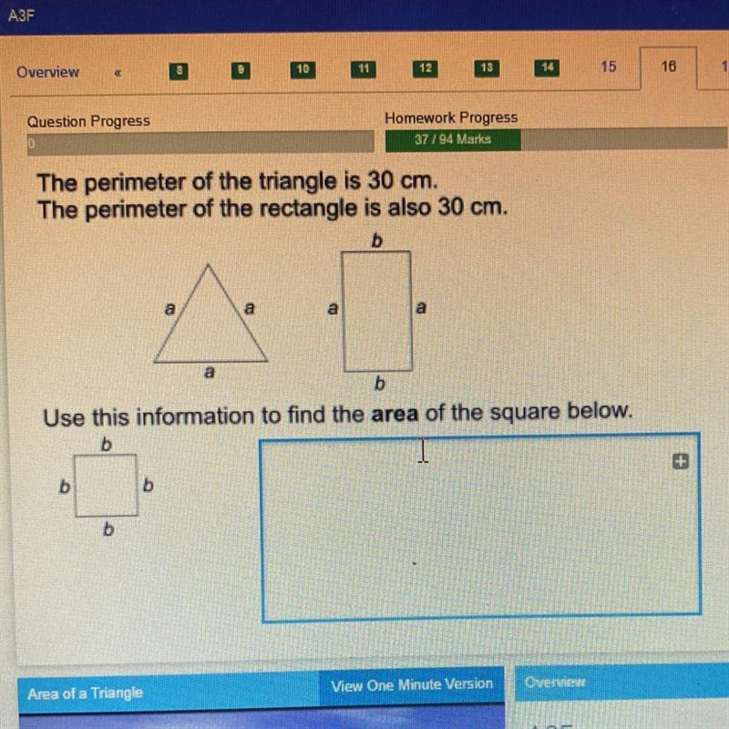 The perimeter of the triangle is 30 cm. The perimeter of the rectangle is also 30 cm-example-1