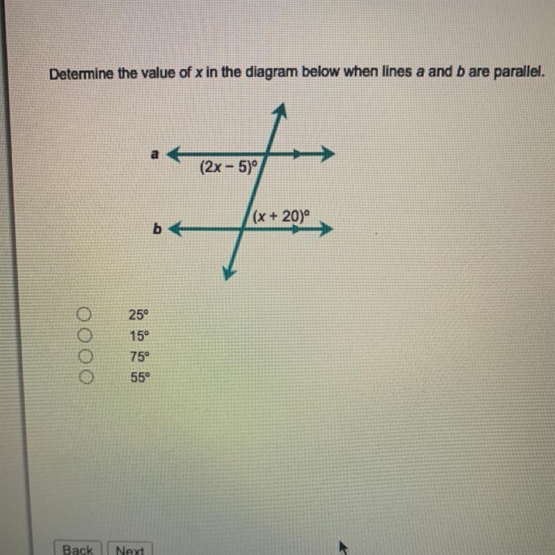 Determine the value of x in the diagram below when lines a and b are parallel. at-example-1