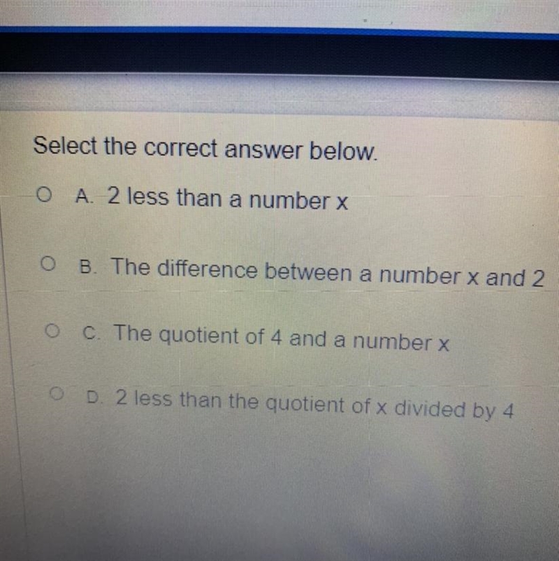 Which phrase is best represented by the algebraic expression x/4 -2-example-1