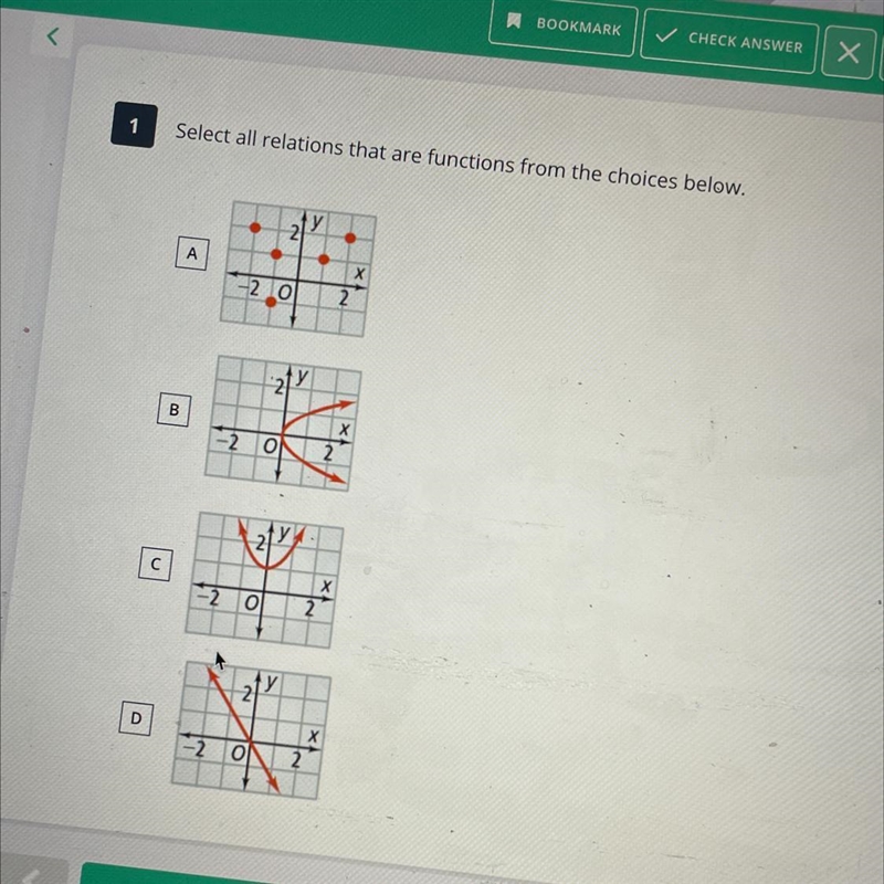 Select all relations that are functions from the choices below.-example-1