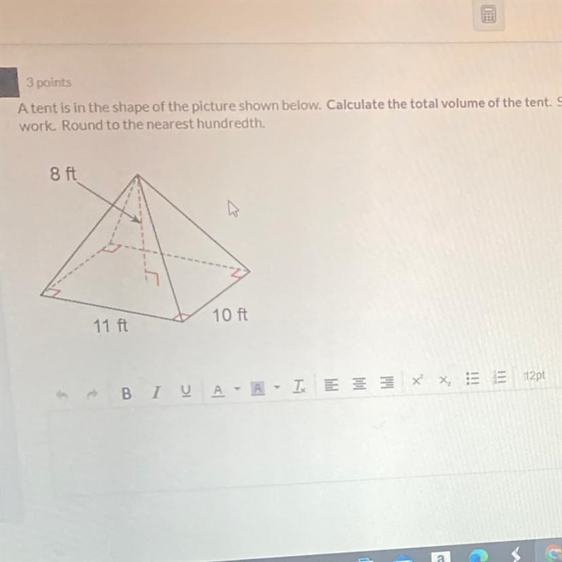 A tent is in the shape of the picture shown below, calculate the total of the tent-example-1