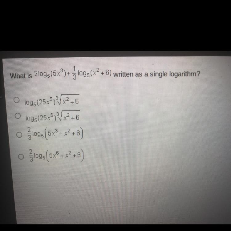 What is 2logs(5x°)+ logs(+6) written as a single logarithm?-example-1