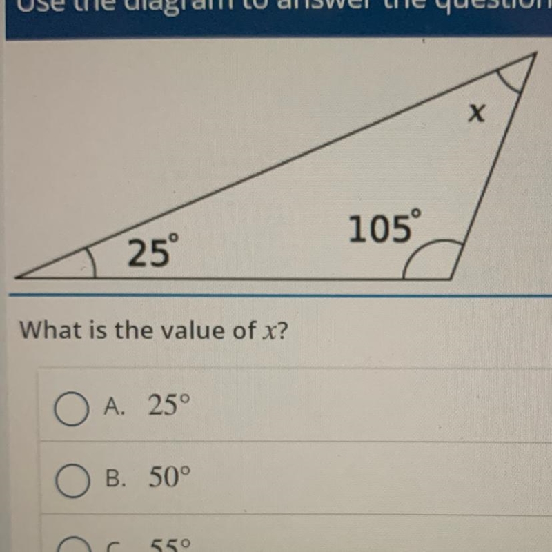 What is the value of x? A. 25° B. 50° C. 55° D. 75° E. 80°-example-1