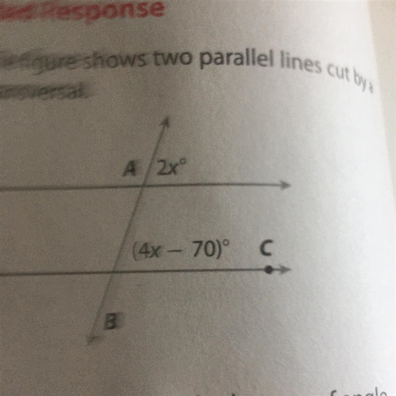 The figure shows two parallel lines cut by a transversal. what is the measure in degrees-example-1