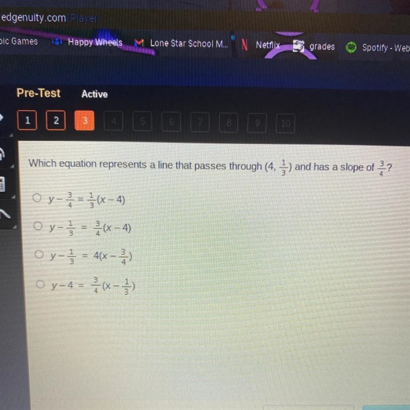 Which equation represents a line that passes through (4, 1/3) and has a slope of 3/4?-example-1