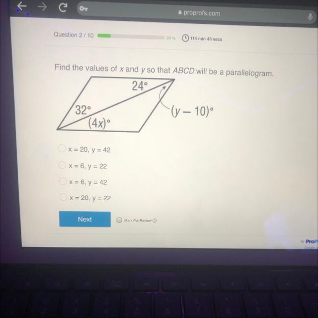 Find the values of x and y so that ABCD will be a parallelogram. 24° (y – 10° 32° (4x-example-1