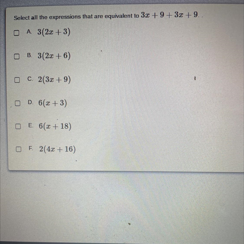 Select all the expressions that are equivalent to 3x + 9 + 32 +9.. Please help-example-1