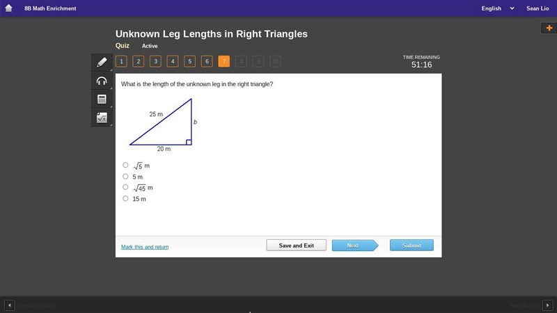 What is the length of the unknown leg in the right triangle?-example-1