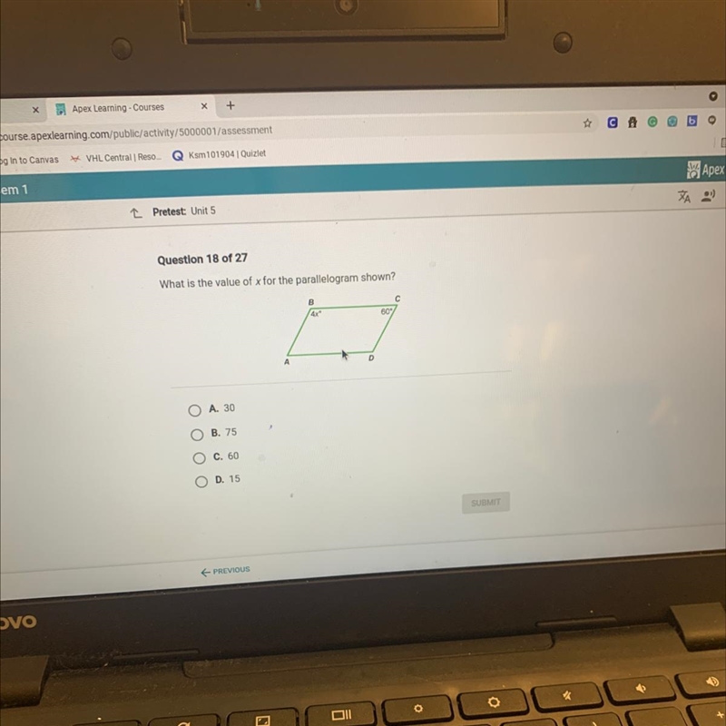 What is the value of x for the parallelogram shown? A. 30 B. 75 C. 60 D. 15-example-1