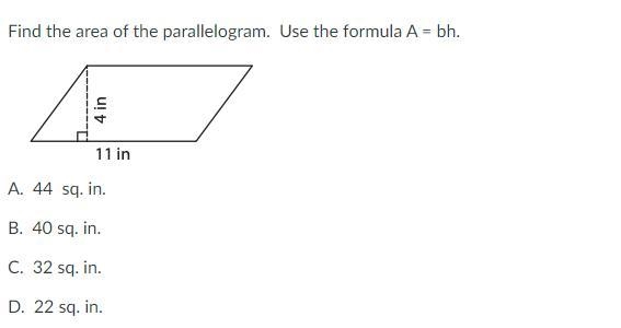 PLS HELP 6TH GRADE MATH find the area of the parallelogram. Use the formula A = bh-example-1