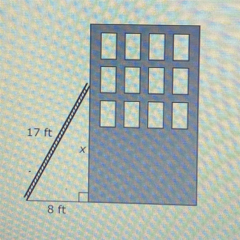 A 17-foot ladder is leaning against a building. The base of the ladder is 8 feet from-example-1