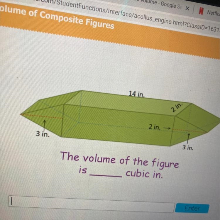 14 in. 2 in. 2 in. - 3 in. 3 in. The volume of the figure is cubic in. PLEASE-example-1