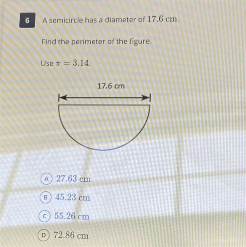 A semicircle has a diameter of 17.6 cm. Find the perimeter of the figure. Use = 3.14. A-example-1