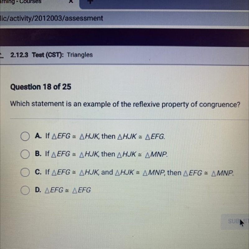 Which statement is an example of the reflexive property of congruence? Help!-example-1