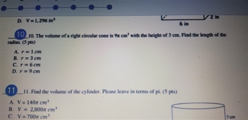 The volume of a right circular cone is 9picm 2 with a height of 3cm. find the length-example-1