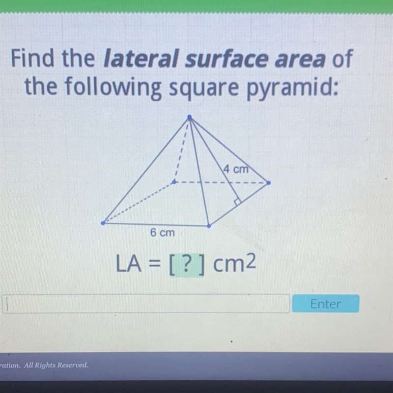 Help!!! Find the lateral surface area of the following square pyramid:-example-1