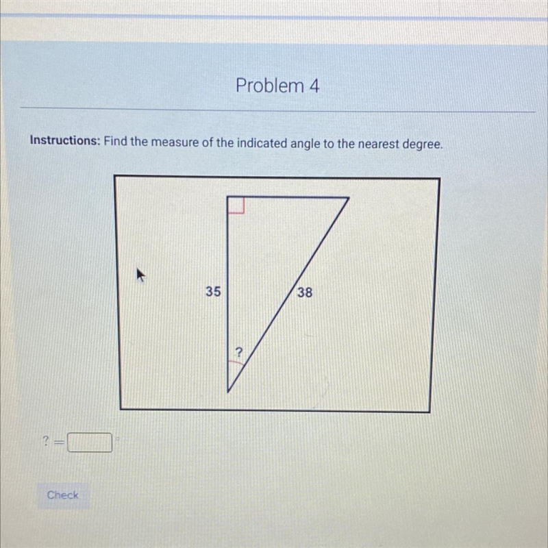 Instructions: Find the measure of the indicated angle to the nearest degree.-example-1