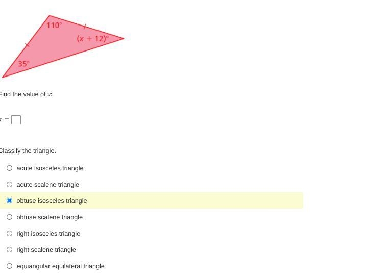 Find the value of x and tell which triangle it is.-example-1