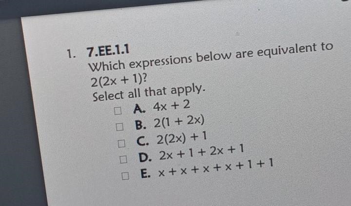 Which expressions are equal to 2(2x + 1) ​-example-1