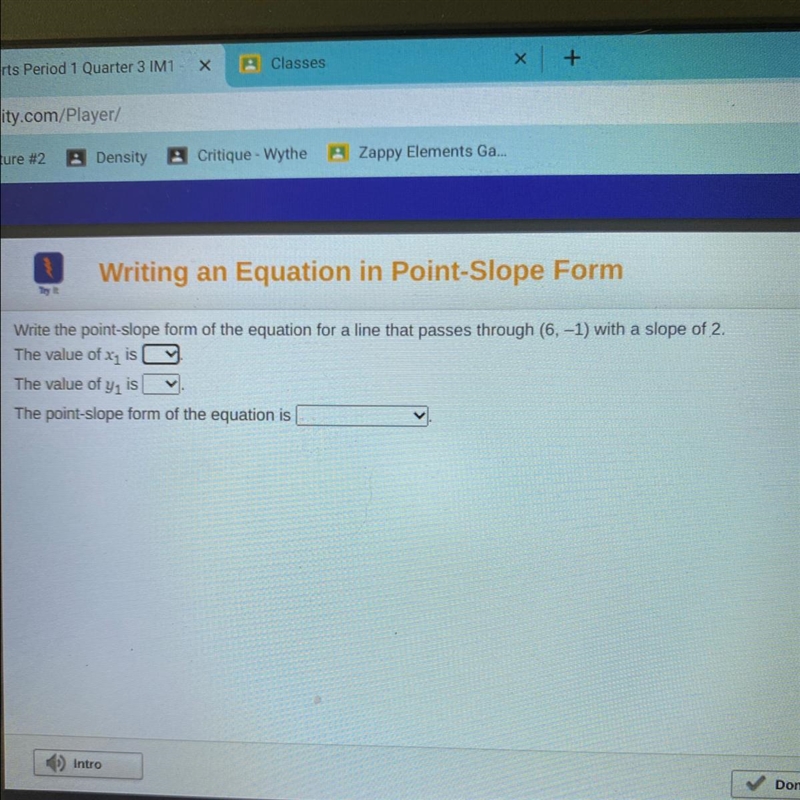 Write the point-slope form of the equation for a line that passes through (6,-1) with-example-1