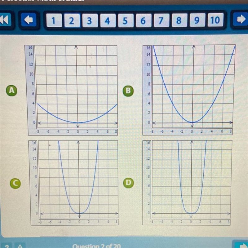 Select the graph of the quadratic function g(x) = 2x2. Identify the domain and range-example-1