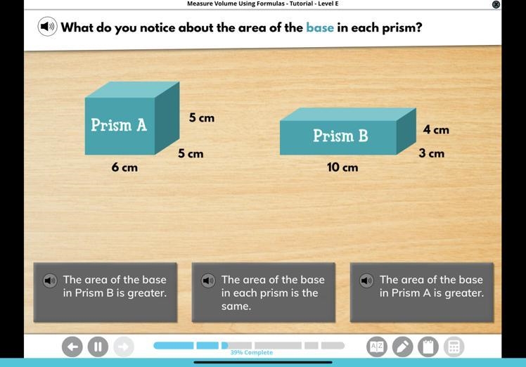 What do you notice about the area of the base in each prism-example-1