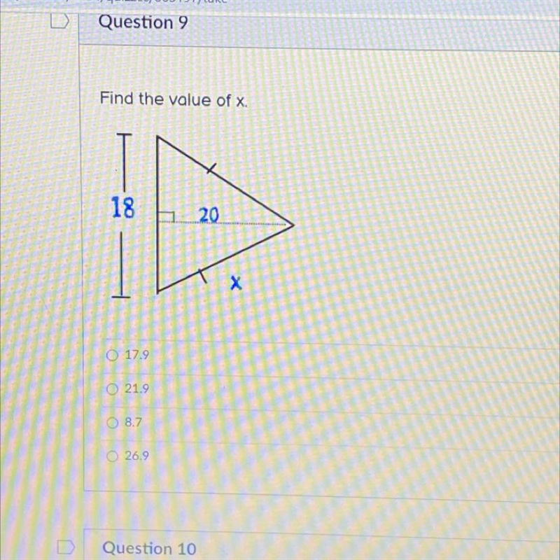 Can someone help me :( Find the value of x. A. 17.9 B. 21.9 C. 8.7 D. 26.9-example-1