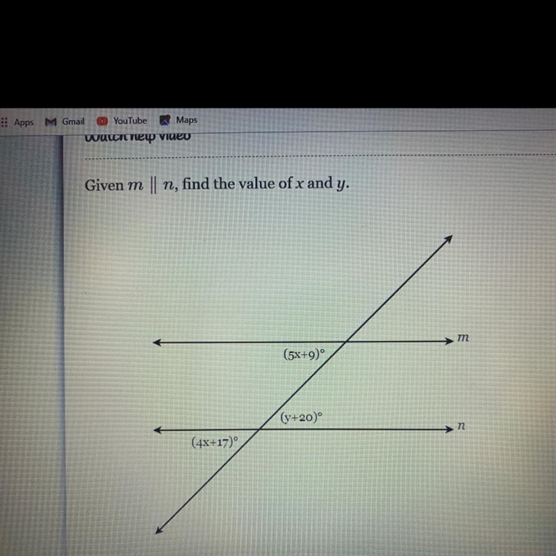 Given m|| n, find the value of x and y. m(5x+9) n(y+20)(4x+17)-example-1