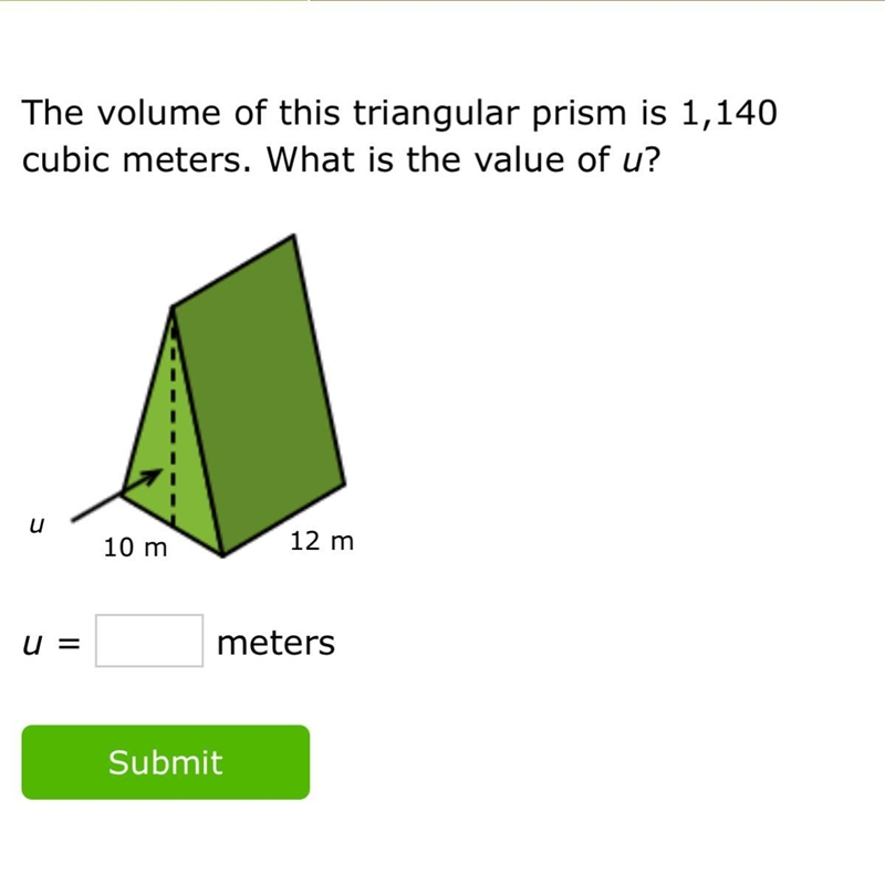 The Volume of this triangular pyramid is 11140 cubic meters what is the value of u-example-1