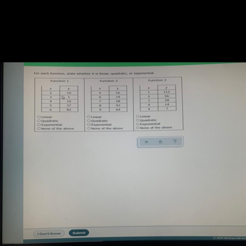 For each function, state whether it is linear, quadratic, or exponential.-example-1