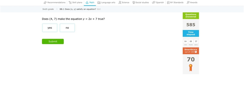 Does (4, 7) make the equation y = 2x + 7 true? somebody?-example-1