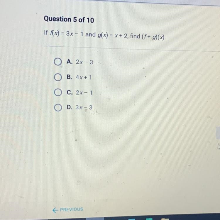 Question 5 of 10 x = 3x-1 and gix) = x+2 find (fog)-example-1