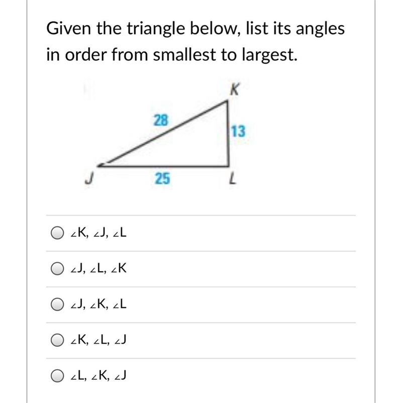 Given the triangle below, list its angles in order from smallest to largest.-example-1