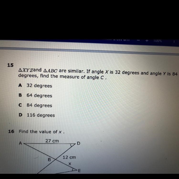 XY zand ABC are similar. If angle X is 32 degrees and angle Y is 84 degrees, find-example-1