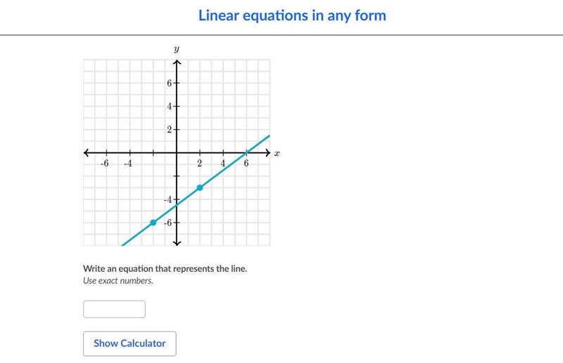 Write an equation that represents the line. Use exact numbers.-example-1