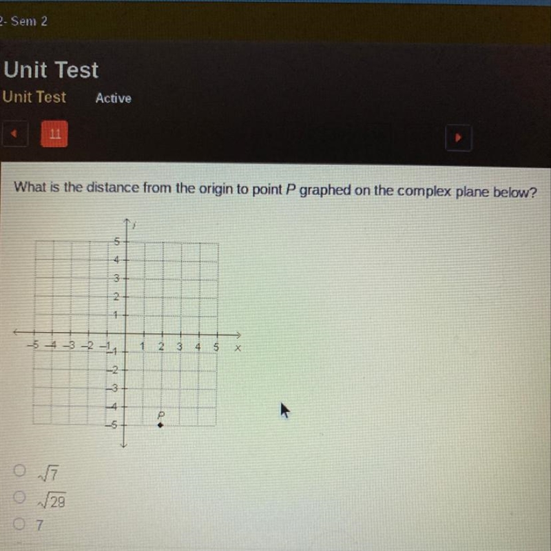 What is the distance from the origin to point P graphed on the complex plane below-example-1